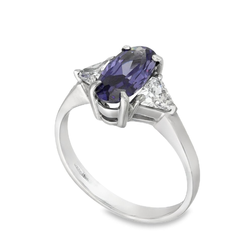 9ct White Gold Oval Blue & Clear CZ Trilogy Ring - Size L½ -2.6g