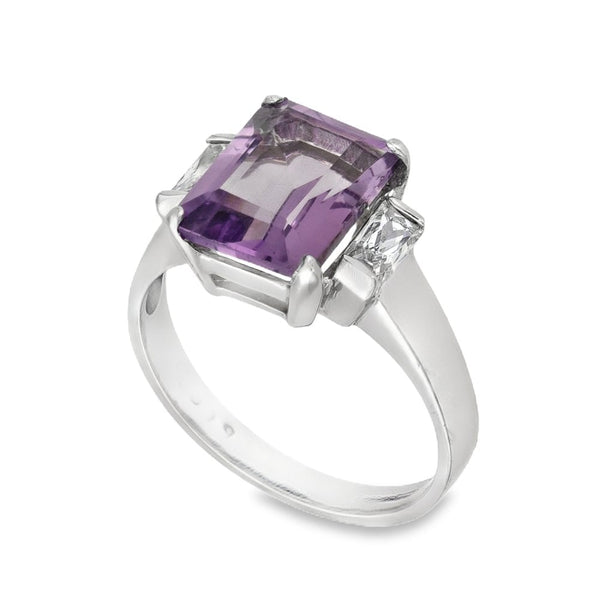 9ct White Gold Amethyst & Cubic Zirconia Dress Ring - Size M½