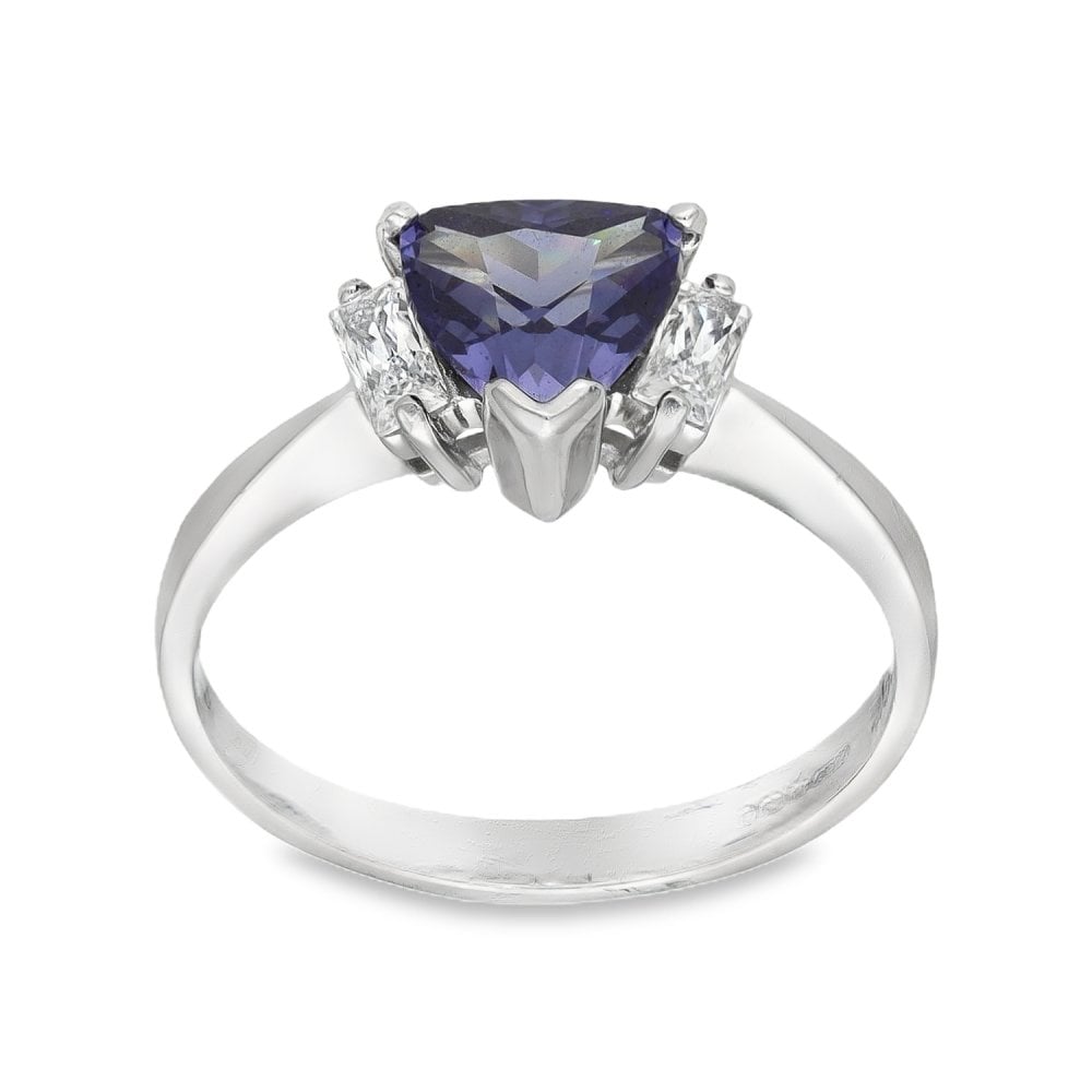 9ct White Gold Blue & Clear CZ Trilogy Ring - Size N½ - 2.8g