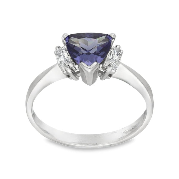 9ct White Gold Blue & Clear CZ Trilogy Ring - Size N½ - 2.8g