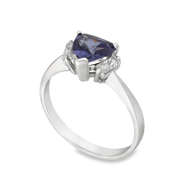 9ct White Gold Blue & Clear CZ Trilogy Ring - Size N½ - 2.8g