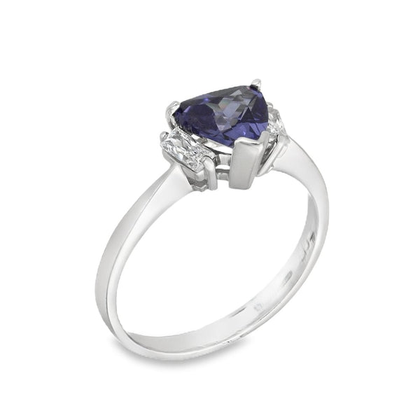 9ct White Gold Blue & Clear CZ Trilogy Ring - Size N½ - 2.8g
