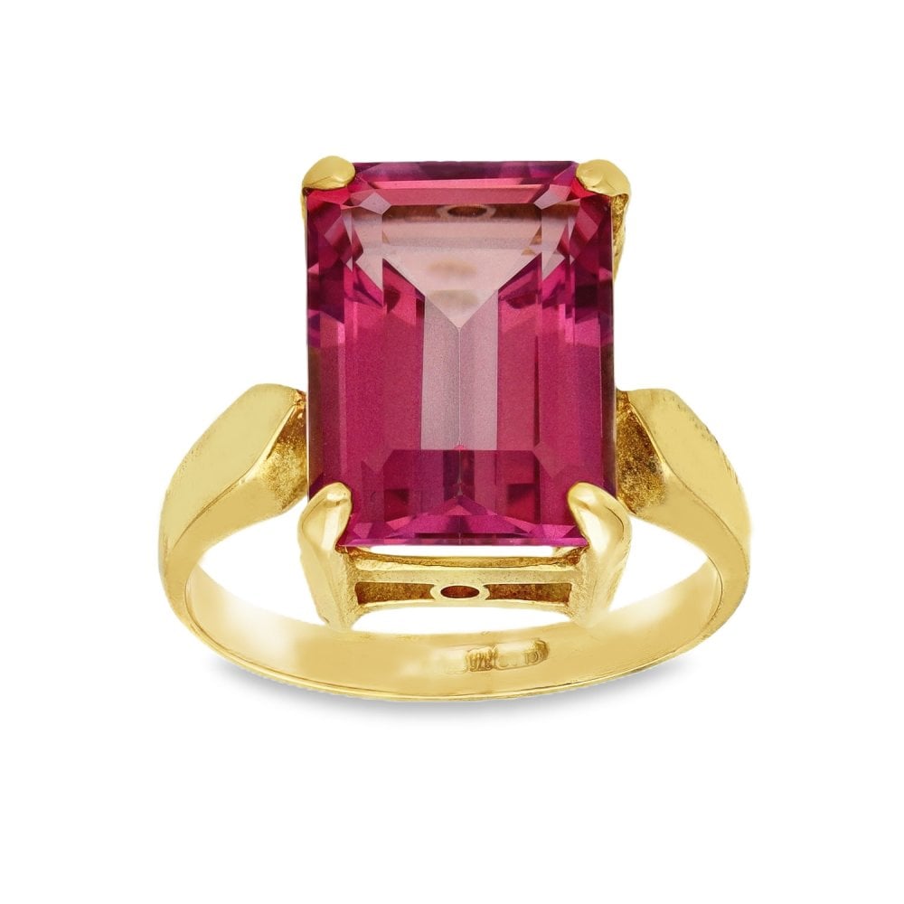 9ct Yellow Gold Large Emerald-Cut Pink Topaz Dress Ring - Size M