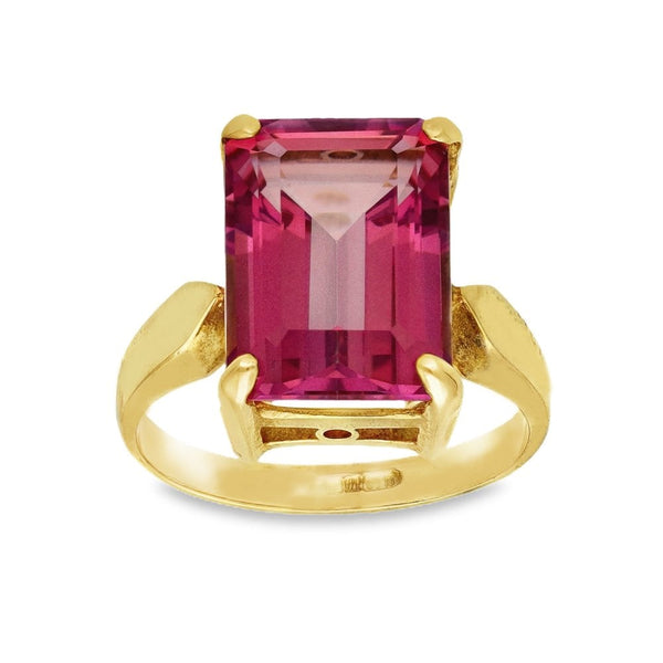 9ct Yellow Gold Large Emerald-Cut Pink Topaz Dress Ring - Size M