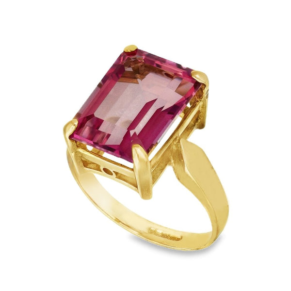9ct Yellow Gold Large Emerald-Cut Pink Topaz Dress Ring - Size M