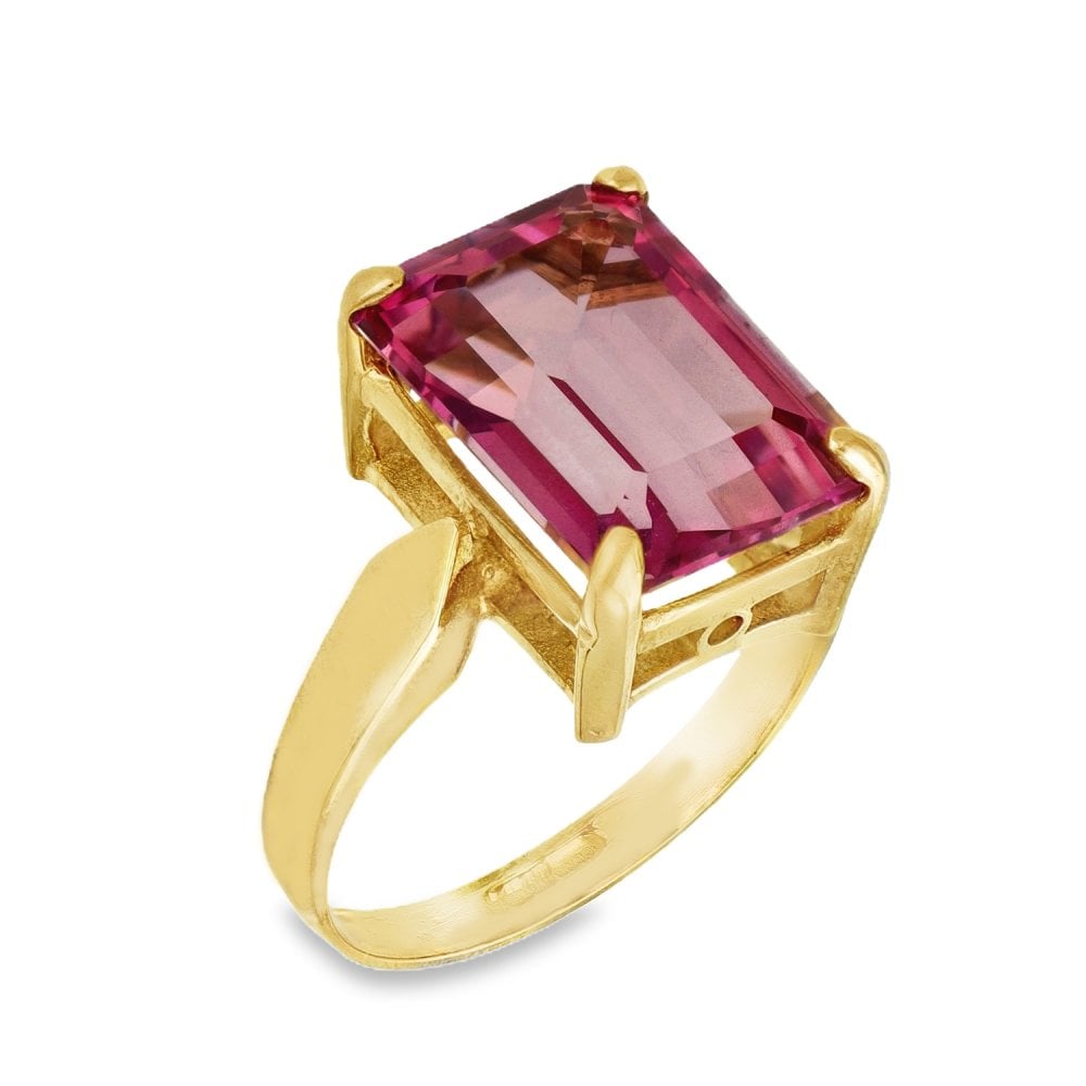 9ct Yellow Gold Large Emerald-Cut Pink Topaz Dress Ring - Size M