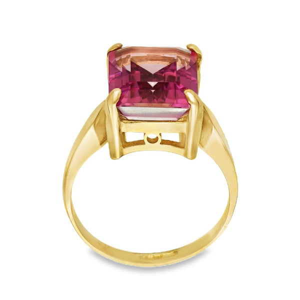 9ct Yellow Gold Large Emerald-Cut Pink Topaz Dress Ring - Size M