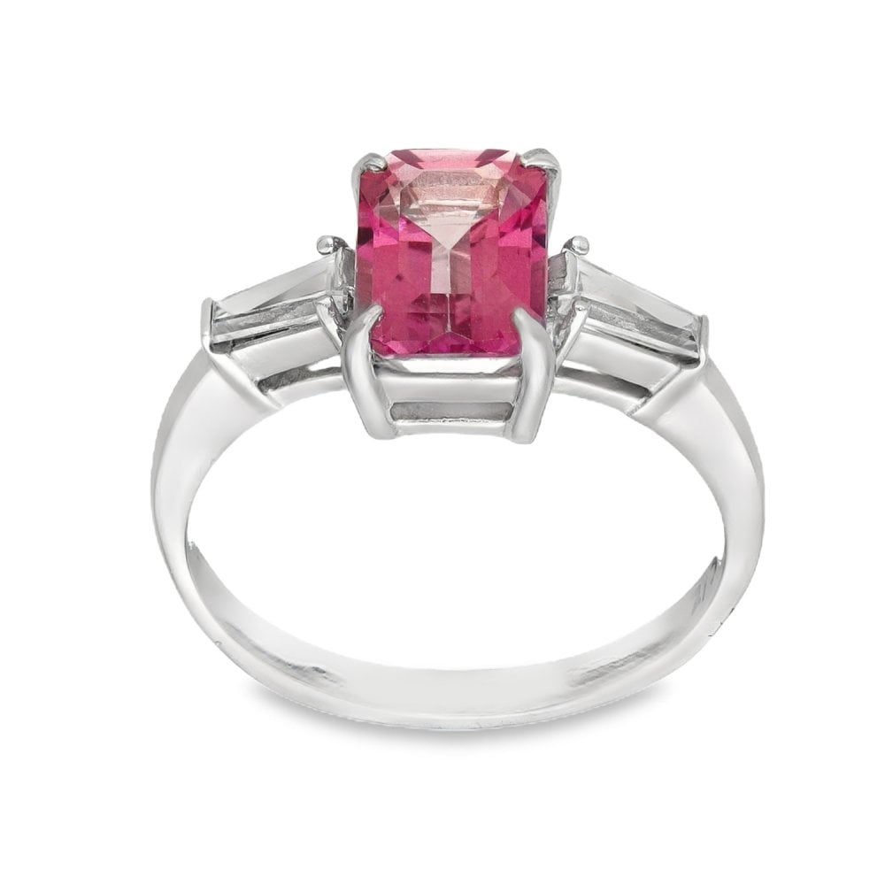 9ct White Gold Pink Topaz & Cubic Zirconia Trilogy Ring - Size M