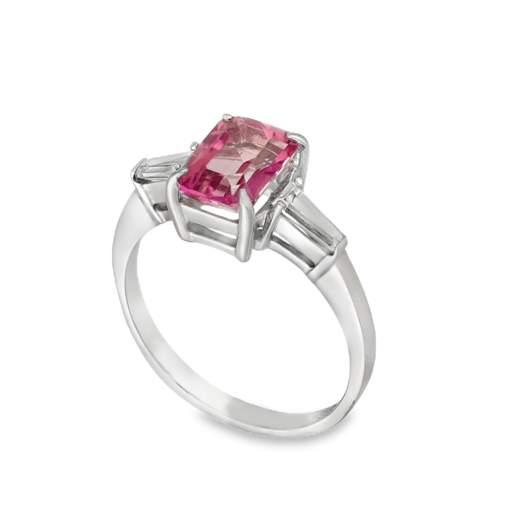 9ct White Gold Pink Topaz & Cubic Zirconia Trilogy Ring - Size M