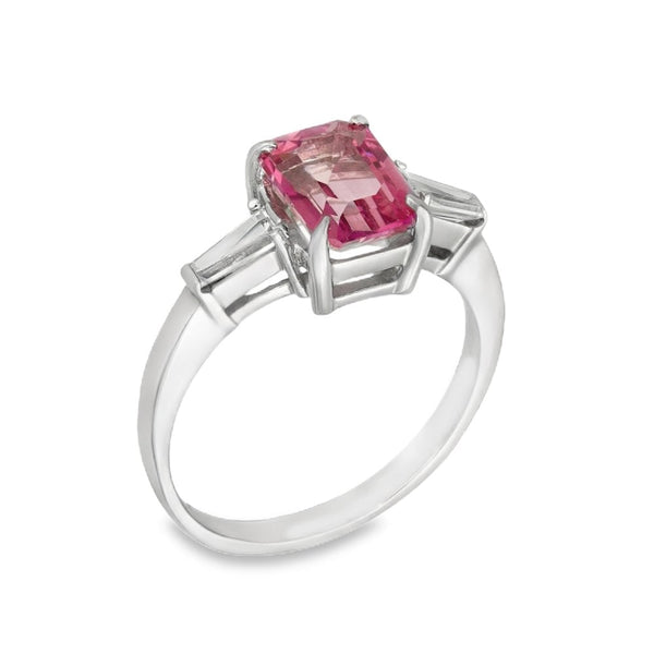 9ct White Gold Pink Topaz & Cubic Zirconia Trilogy Ring - Size M