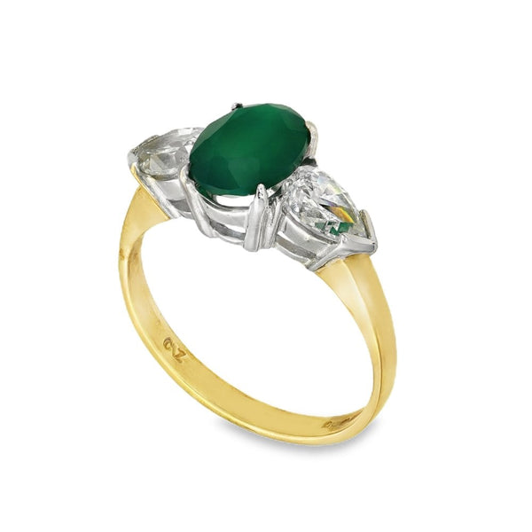9ct Yellow Gold Agate & Cubic Zirconia Trilogy Ring - Size K½