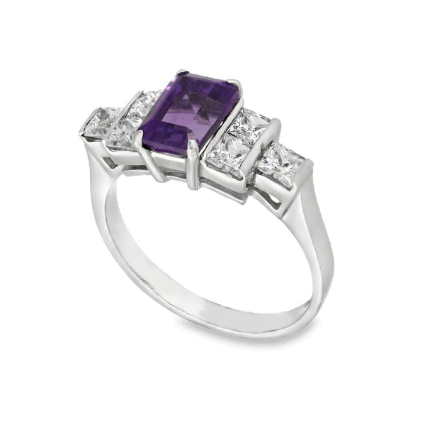 9ct White Gold Amethyst & Cubic Zirconia Dress Ring - Size K