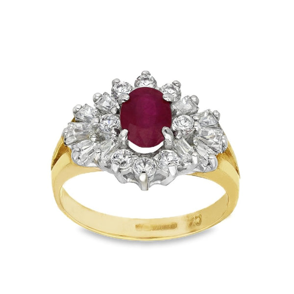 9ct Yellow Gold Ruby & Cubic Zirconia Cluster Ring - Size L