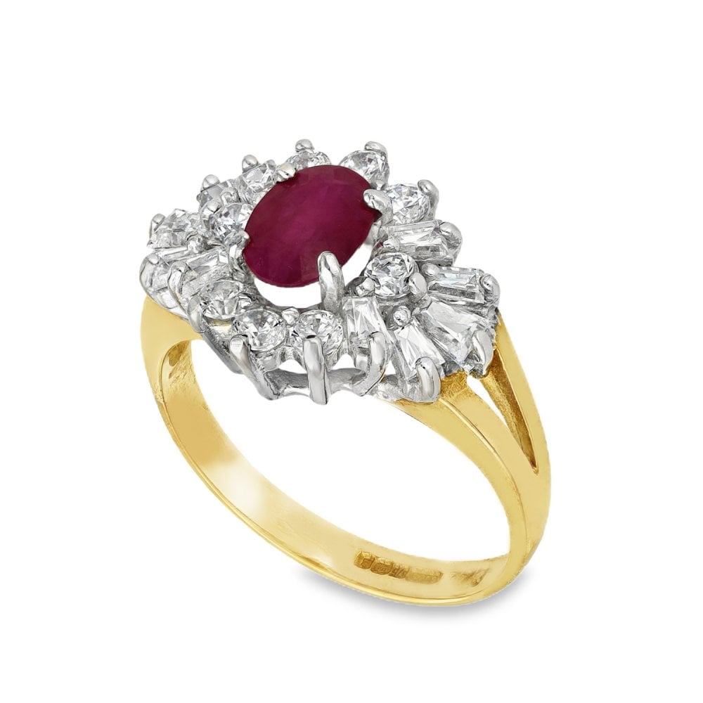 9ct Yellow Gold Ruby & Cubic Zirconia Cluster Ring - Size L