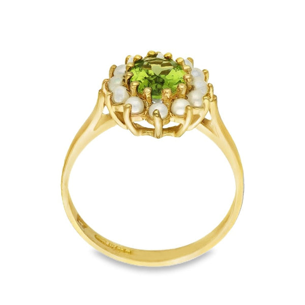 9ct Yellow Gold Oval-Cut Peridot & Pearl Cluster Ring - Size M½