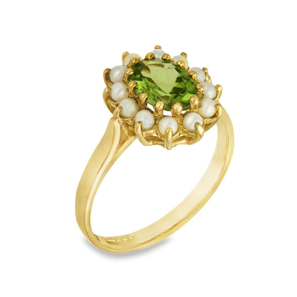 9ct Yellow Gold Oval-Cut Peridot & Pearl Cluster Ring - Size M½