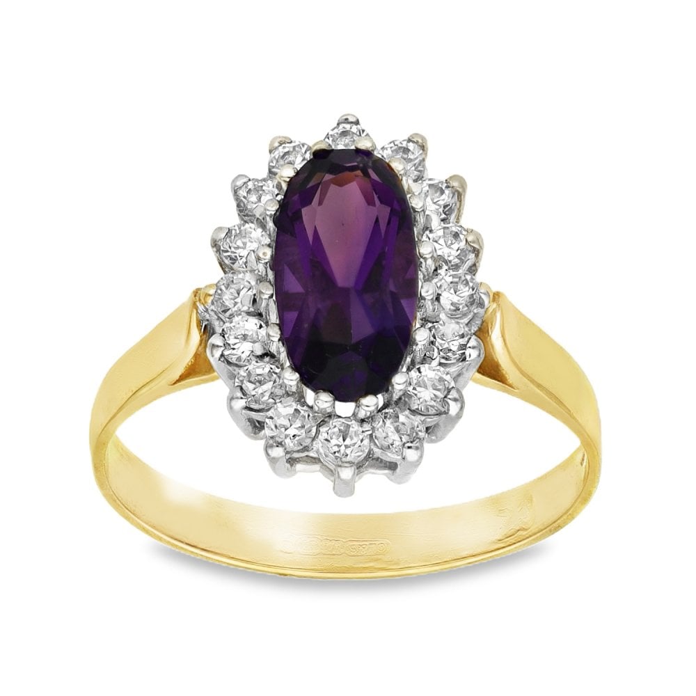9ct Yellow Gold Amythest & Cubic Zirconia Cluster Ring - Size M½