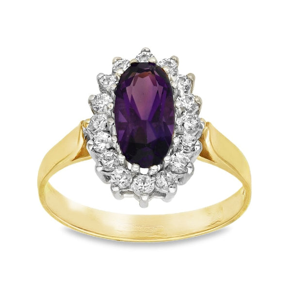 9ct Yellow Gold Amythest & Cubic Zirconia Cluster Ring - Size M½