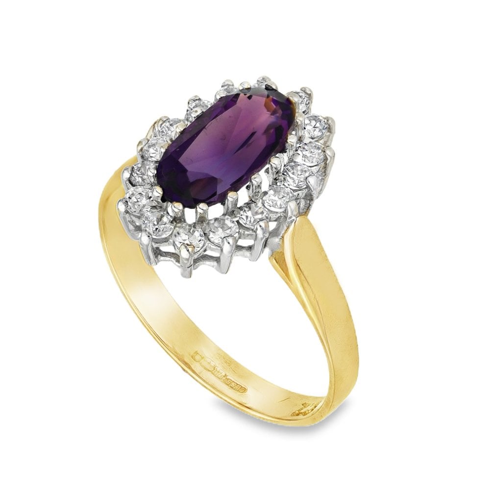 9ct Yellow Gold Amythest & Cubic Zirconia Cluster Ring - Size M½
