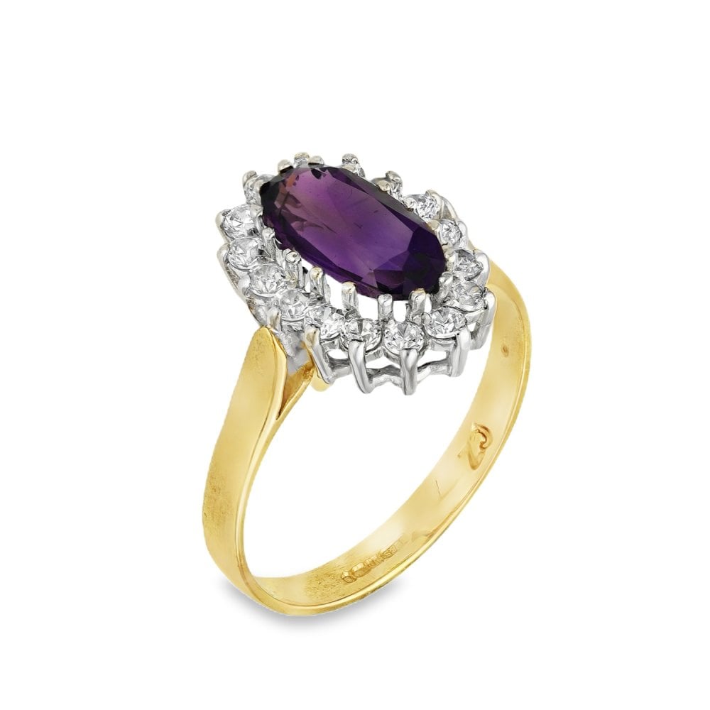 9ct Yellow Gold Amythest & Cubic Zirconia Cluster Ring - Size M½