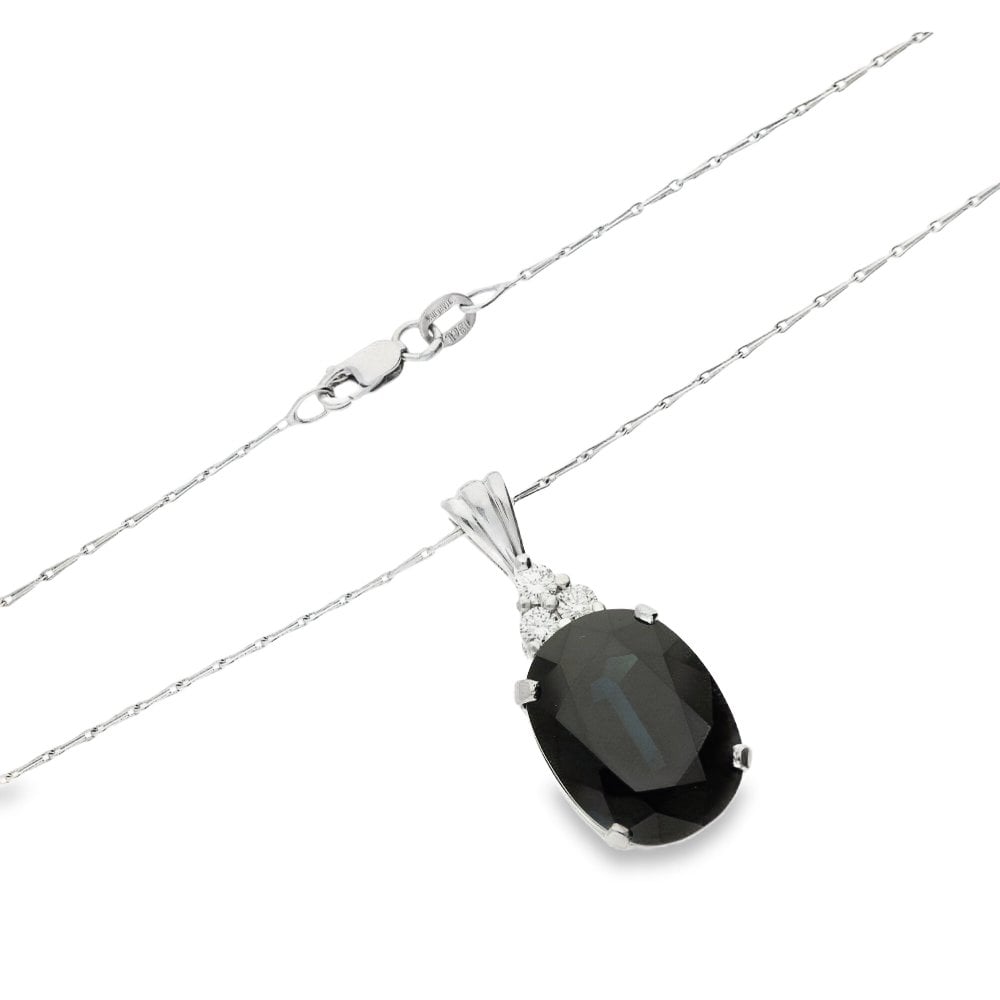 18ct White Gold Sapphire & Diamond Pendant & Chain -18" -18.58ct