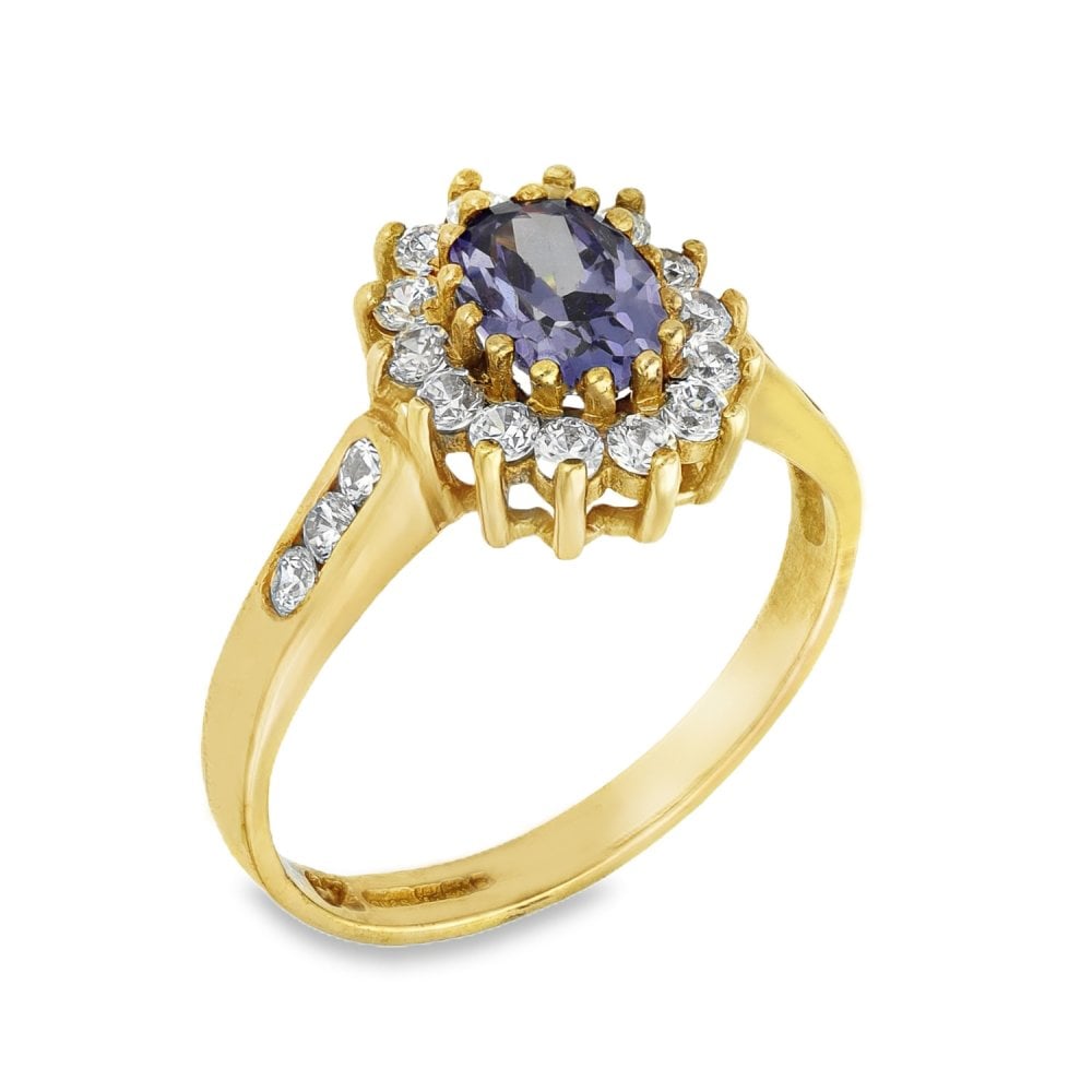 9ct Yellow Gold Tanzanite & Cubic Zirconia Cluster Ring - Size M