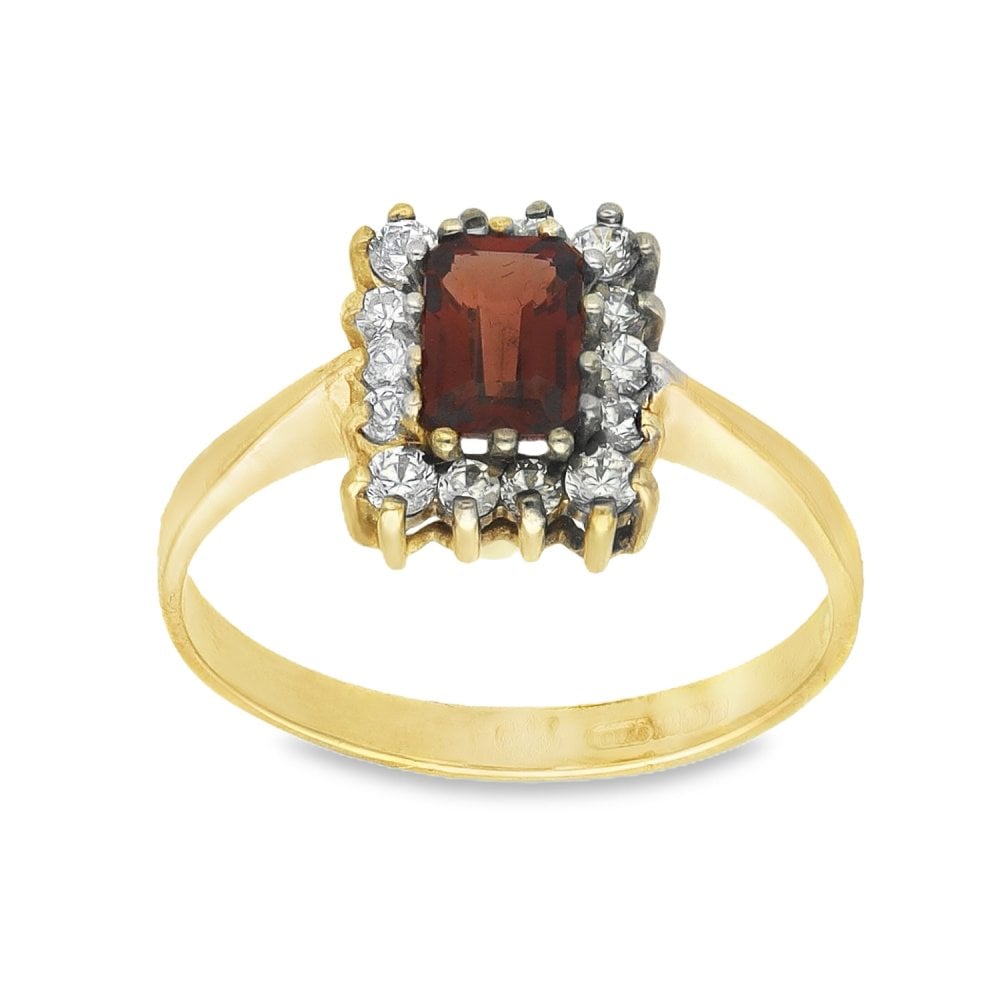 9ct Yellow Gold Garnet & Cubic Zirconia Cluster Ring - Size M½