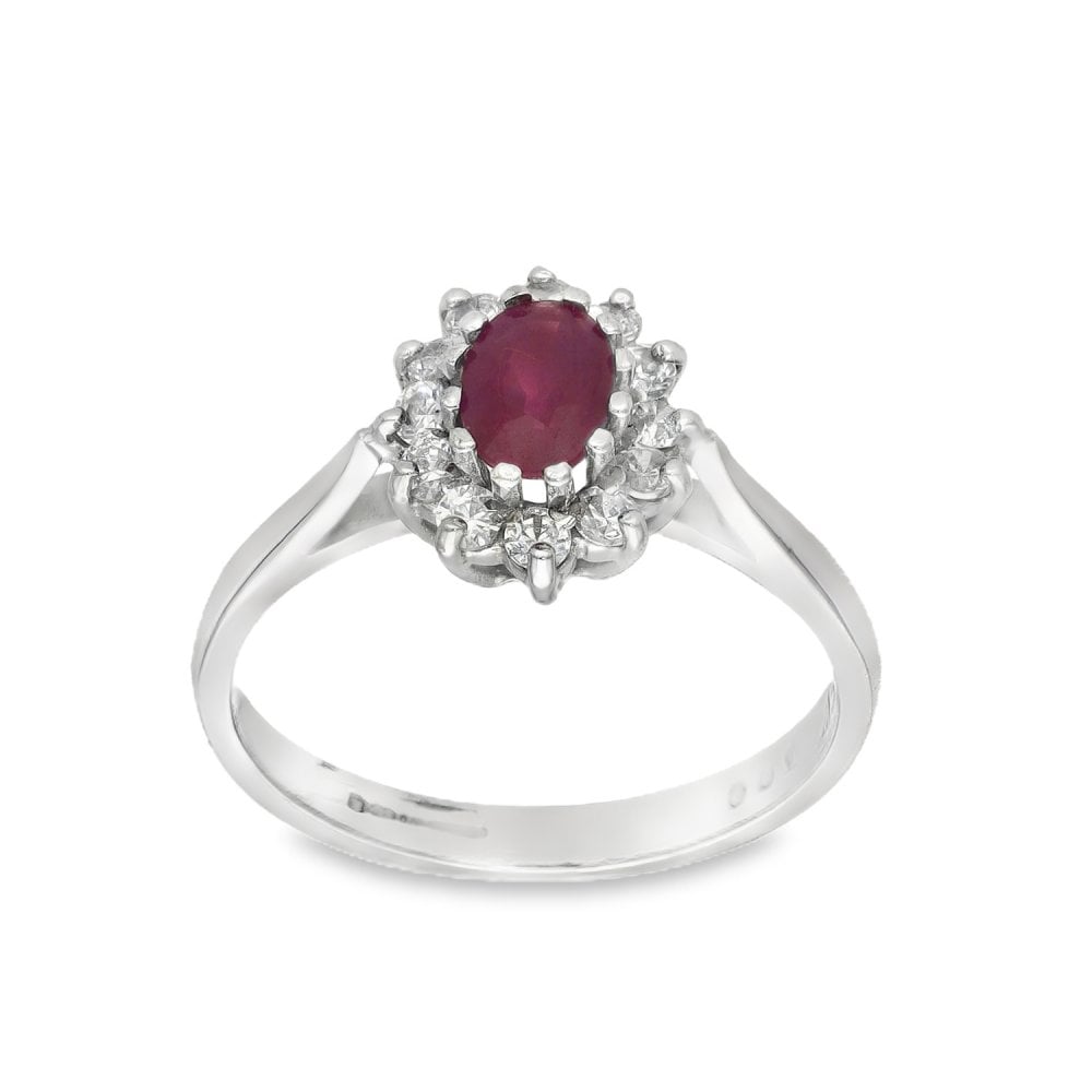 9ct White Gold Ruby & Cubic Zirconia Cluster Ring - Size M