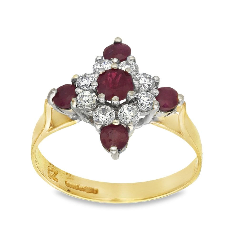 9ct Yellow Gold Ruby & Cubic Zirconia Cluster Ring - Size N½