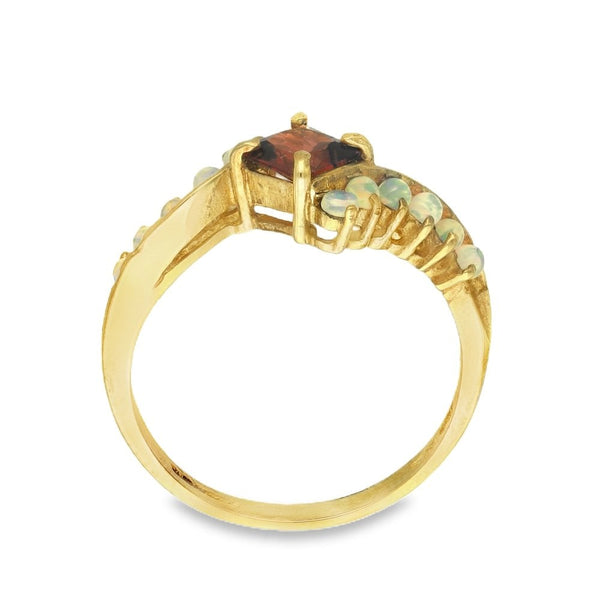 9ct Yellow Gold Garnet & Opal Dress Ring - Size N - 10mm