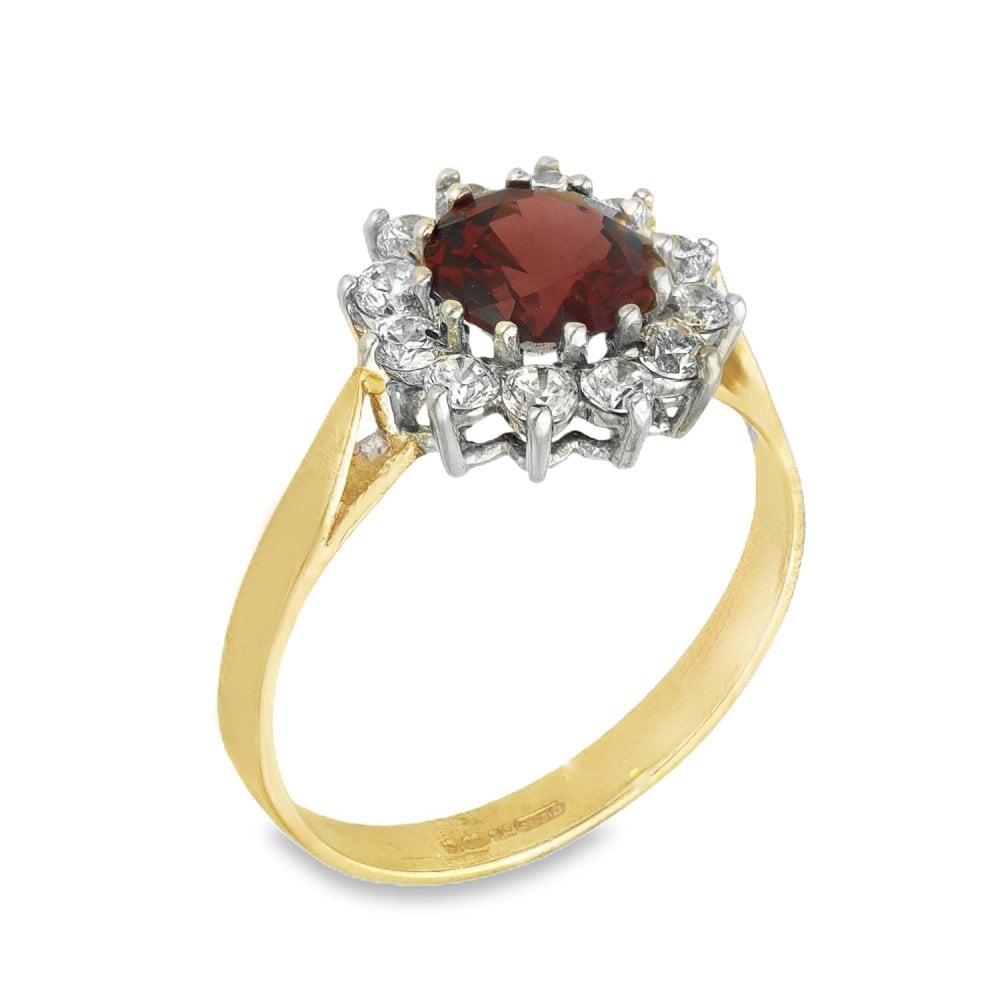 9ct Yellow Gold Garnet & Cubic Zirconia Cluster Ring - Size N½