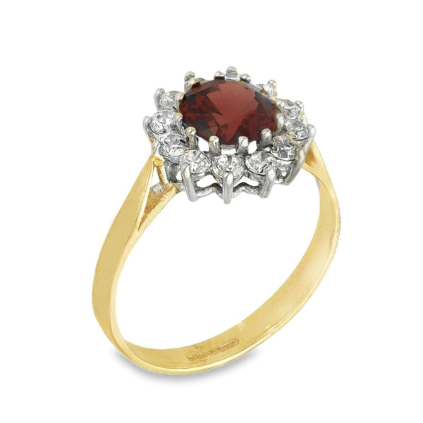 9ct Yellow Gold Garnet & Cubic Zirconia Cluster Ring - Size N½