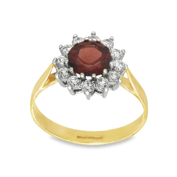 9ct Yellow Gold Garnet & Cubic Zirconia Cluster Ring - Size N½
