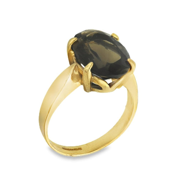 9ct Yellow Gold Large Oval Smoky Quartz Dress Ring - Size M½