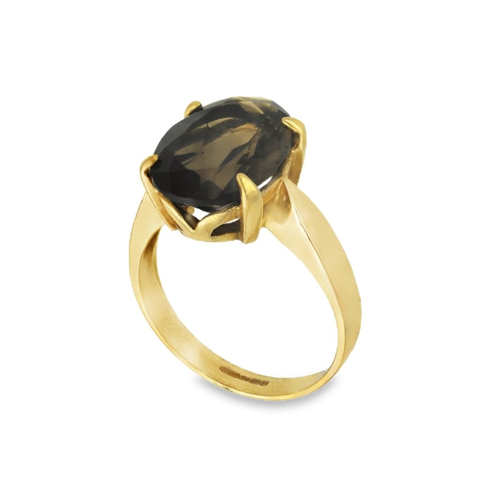 9ct Yellow Gold Large Oval Smoky Quartz Dress Ring - Size M½