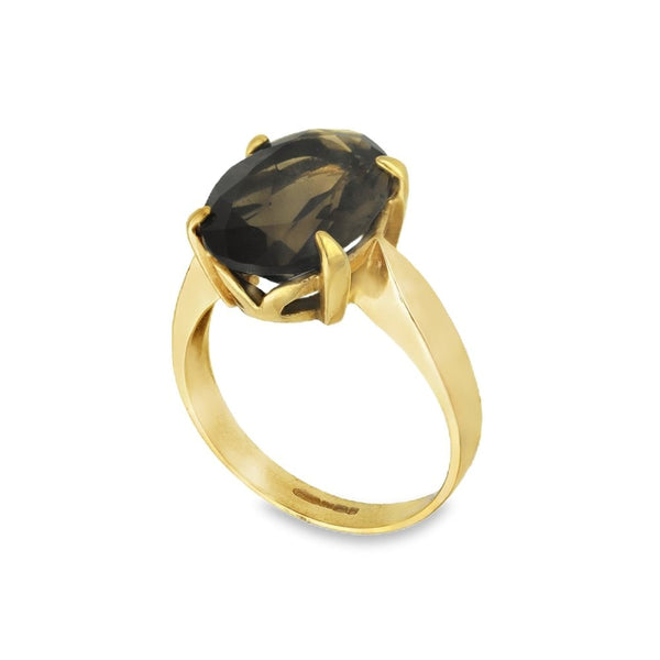 9ct Yellow Gold Large Oval Smoky Quartz Dress Ring - Size M½