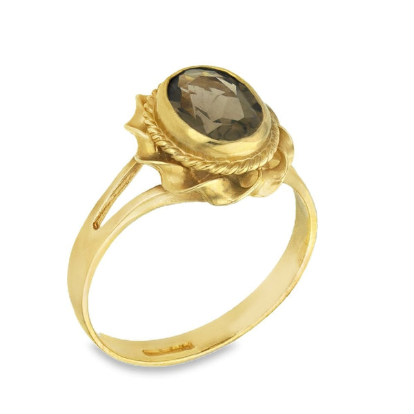 9ct Yellow Gold Smoky Quartz Twist Edge Ring - Size O½ - 14mm