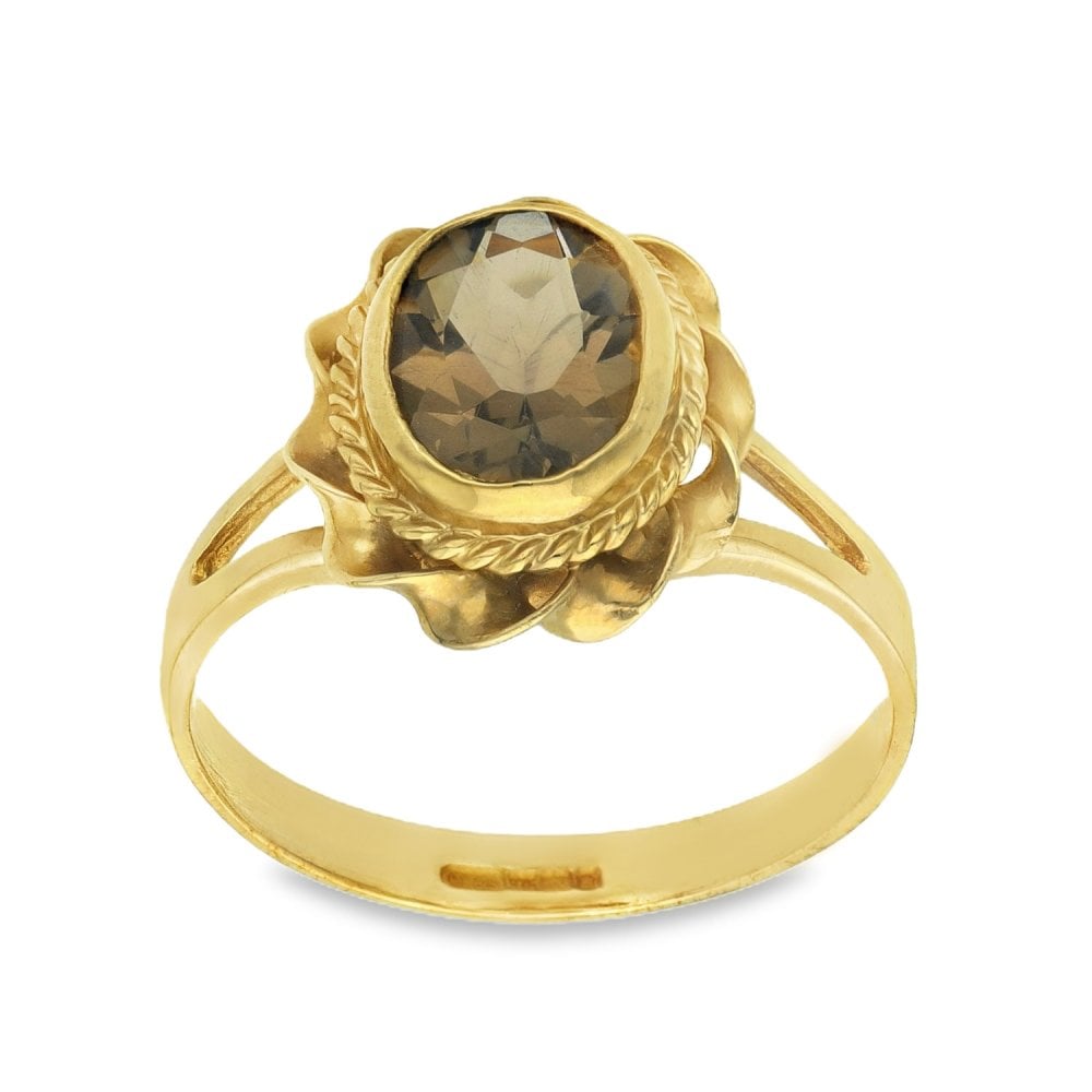 9ct Yellow Gold Smoky Quartz Twist Edge Ring - Size O½ - 14mm