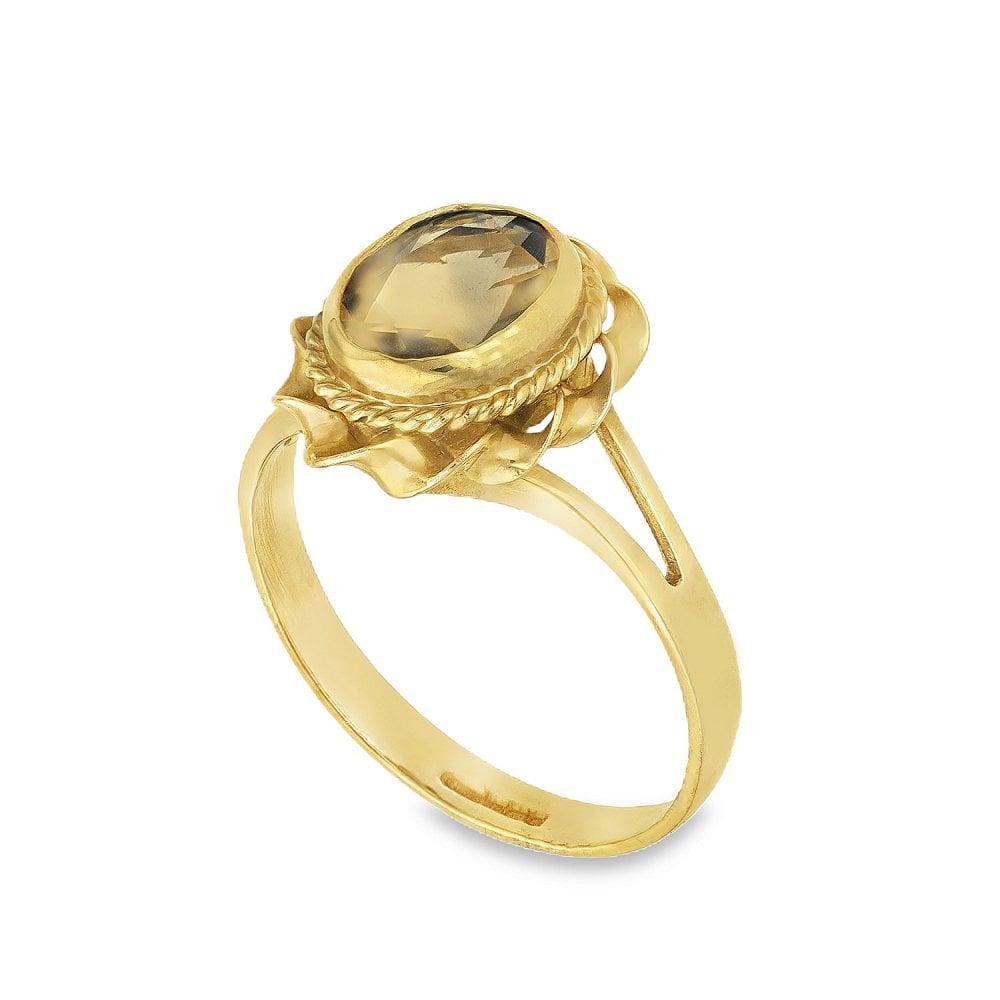 9ct Yellow Gold Smoky Quartz Twist Edge Ring - Size O½ - 14mm