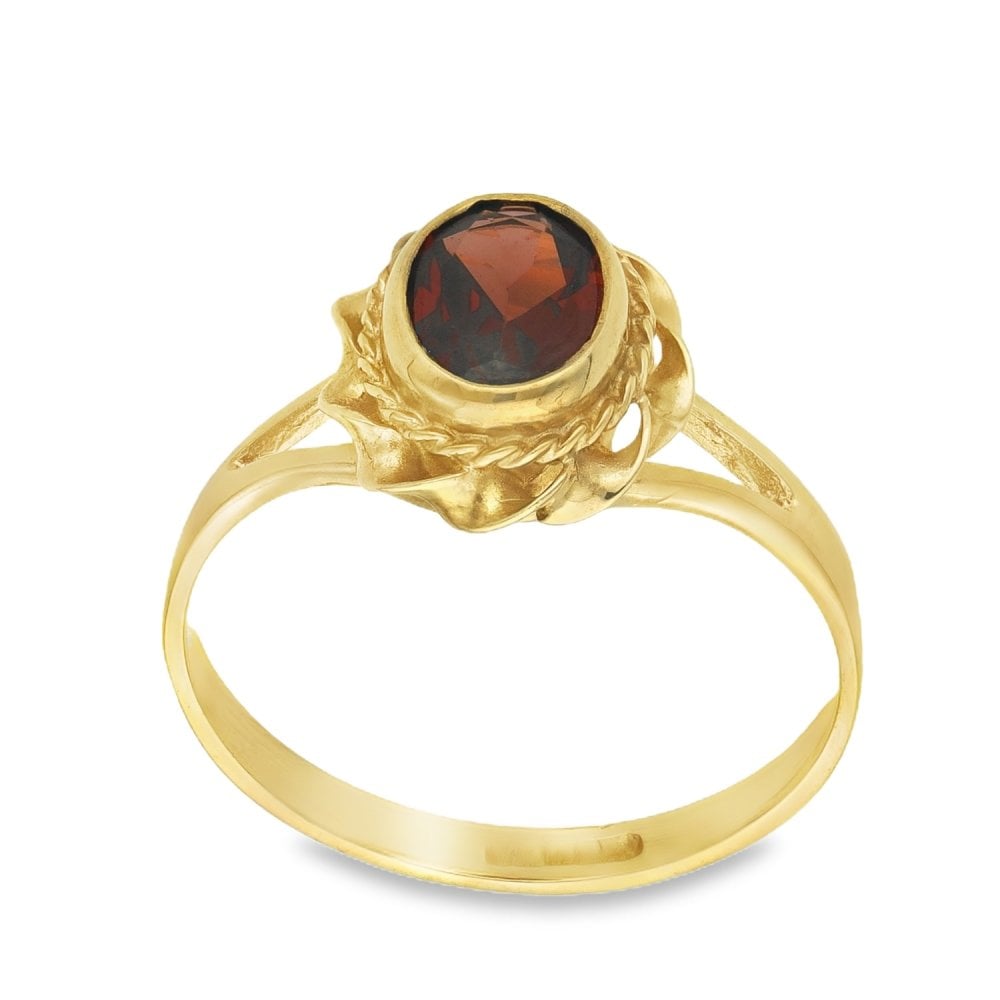 9ct Yellow Gold Garnet Twist Edge Ring - Size P½ - 12mm