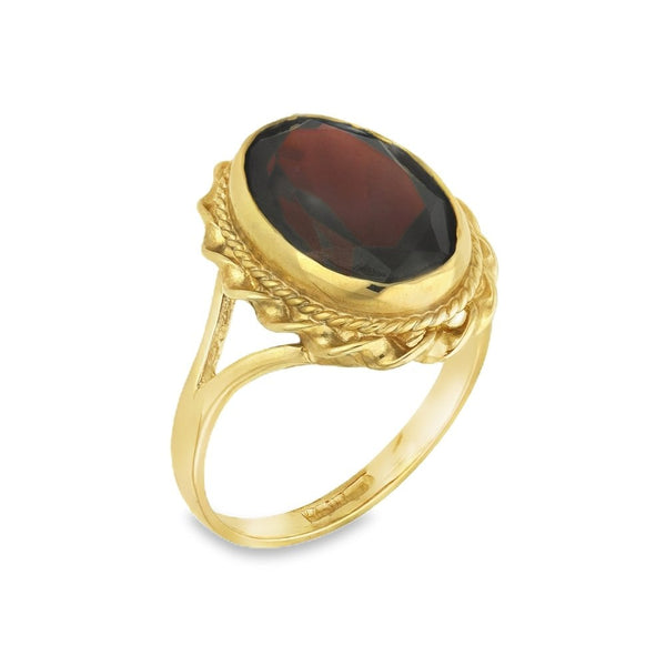 9ct Yellow Gold Large Oval Garnet Twist Edge Ring - Size O½