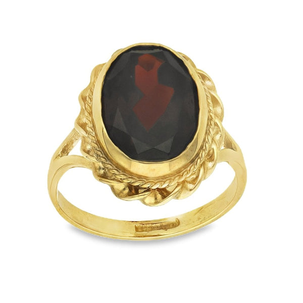 9ct Yellow Gold Large Oval Garnet Twist Edge Ring - Size O½