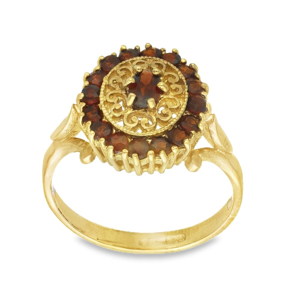 9ct Yellow Gold Garnet Wheel Style Ring - Size L½ - 14mm