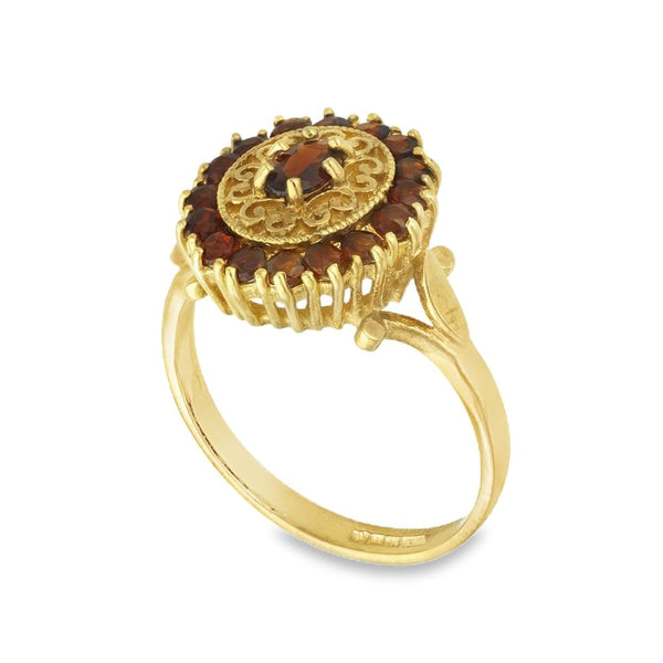 9ct Yellow Gold Garnet Wheel Style Ring - Size L½ - 14mm
