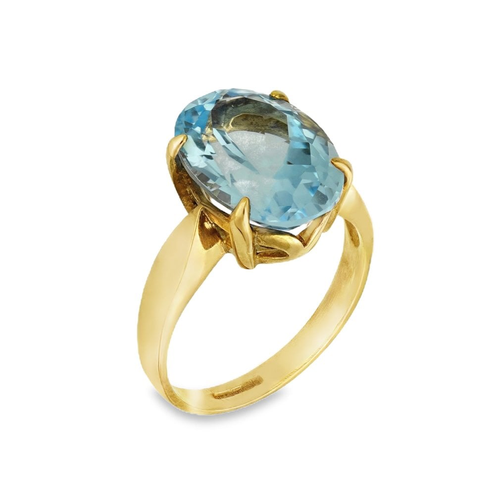 9ct Yellow Gold Large Blue Oval-Cut Topaz Dress Ring - Size N