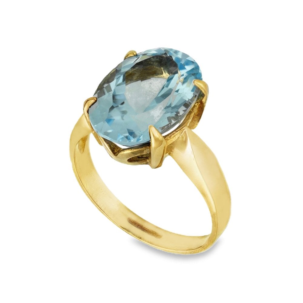 9ct Yellow Gold Large Blue Oval-Cut Topaz Dress Ring - Size N