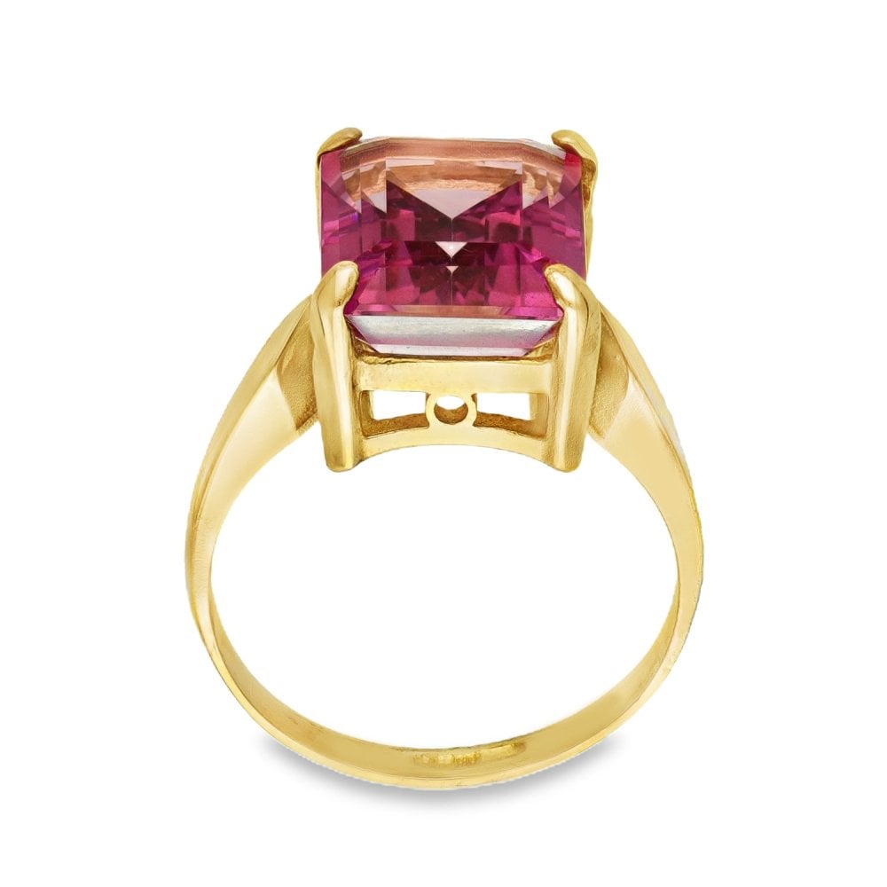 9ct Yellow Gold Emerald-Cut Pink Topaz Dress Ring - Size N