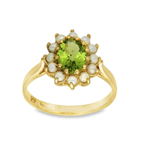 9ct Yellow Gold Peridot & Pearl Cluster Ring - Size M½ - 13mm