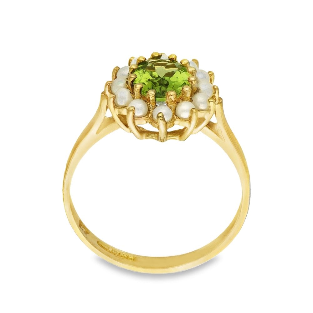 9ct Yellow Gold Peridot & Pearl Cluster Ring - Size M½ - 13mm
