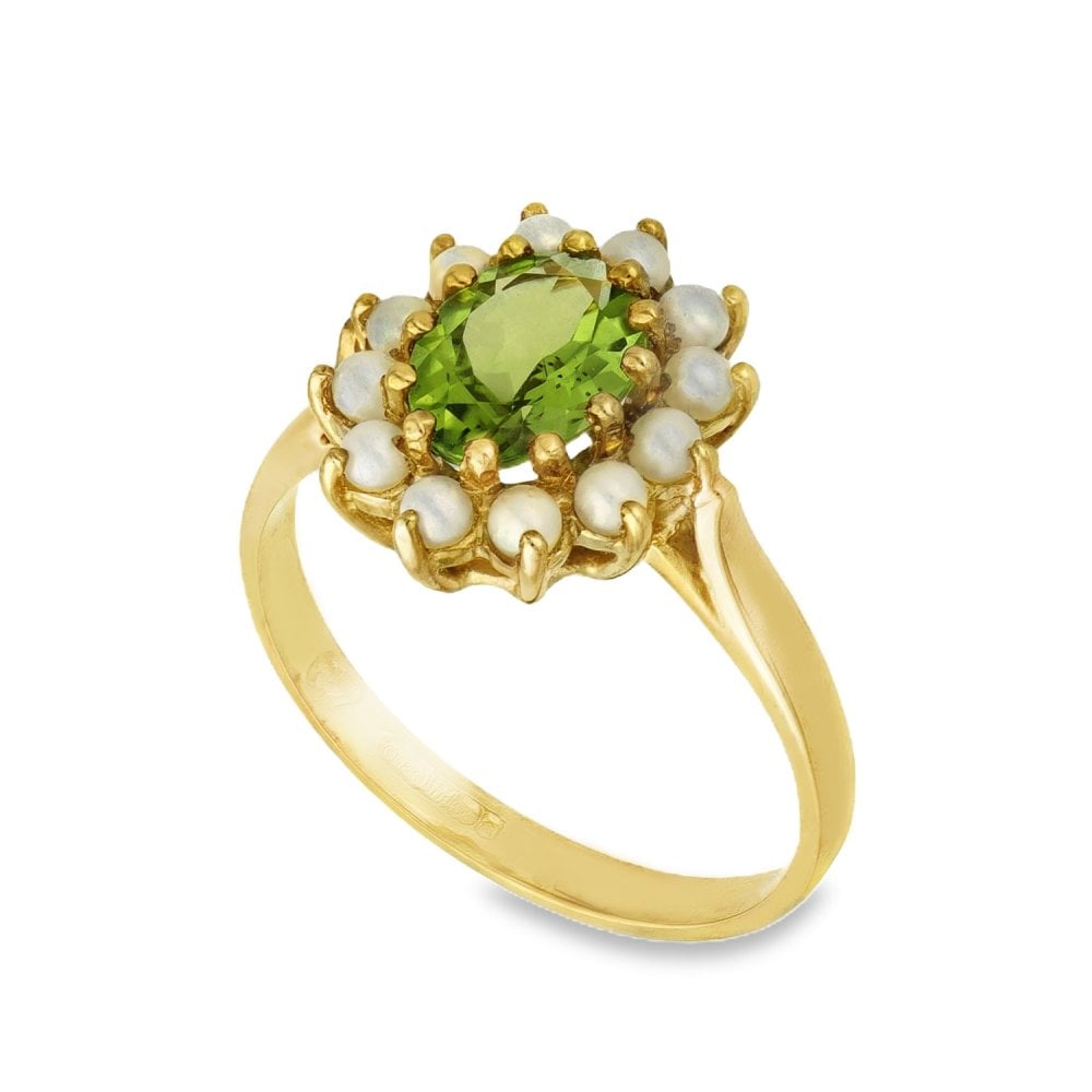9ct Yellow Gold Peridot & Pearl Cluster Ring - Size M½ - 13mm